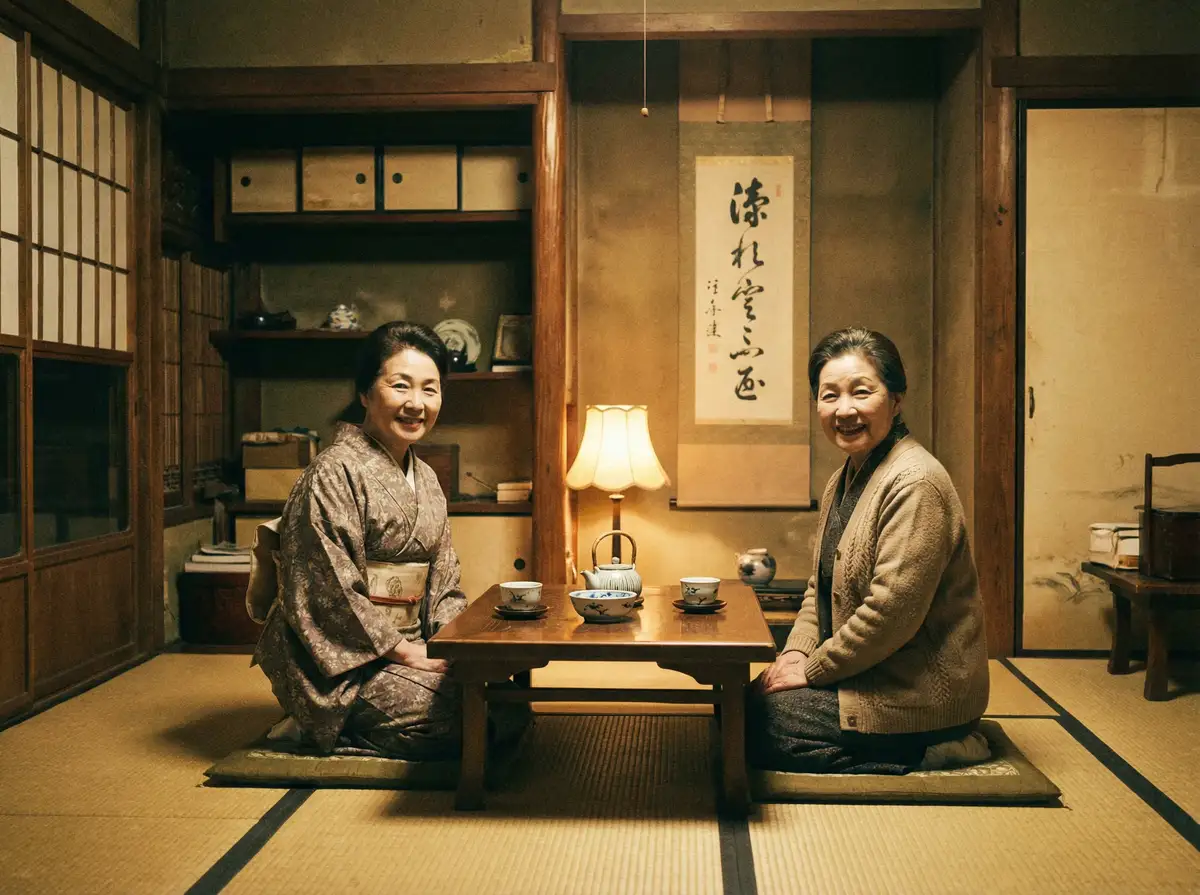 两位优雅的 bob综合体育平台 在日式茶室中品茶交谈